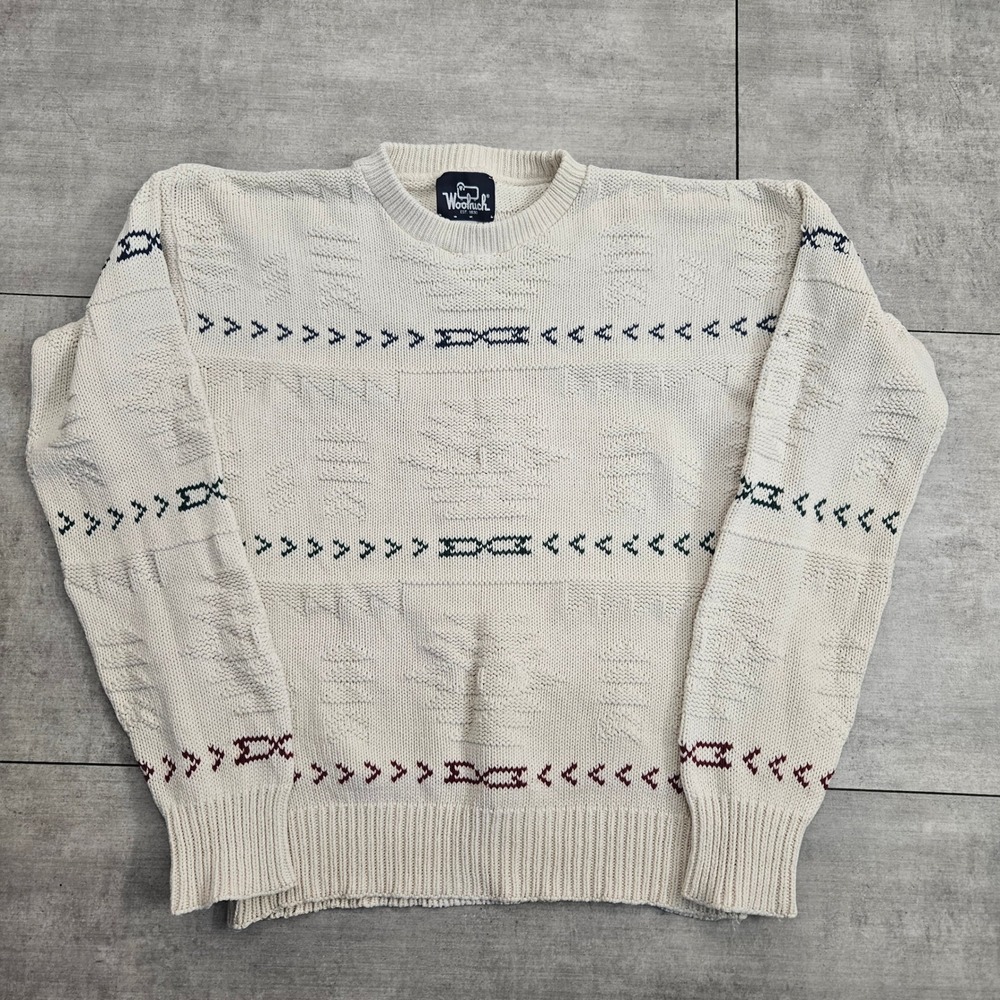 Woolrich Vintage Mens Cotton Knit Southwestern Geometric Sweater Cream USA‎